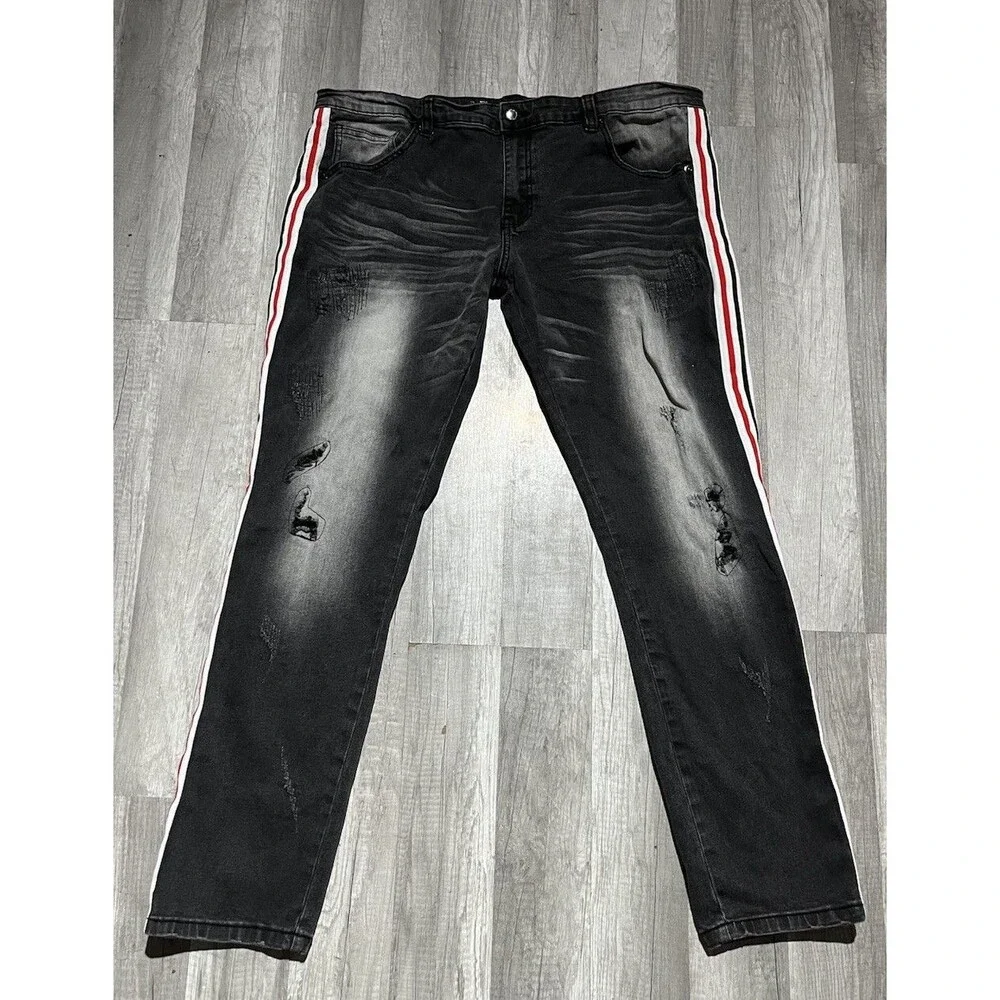 Kilogram Mens Distressed Side Stripe Jeans Black Red White Streetwear Size 42
